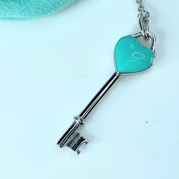 Tiffany Co 925 Sterling Silver Blue Enamel Heart Key Pendant